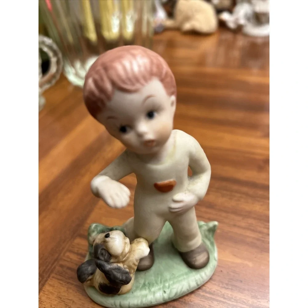 Little Boy Figurine Overalls‎ Red Pocket Cocker Spaniel Dog
